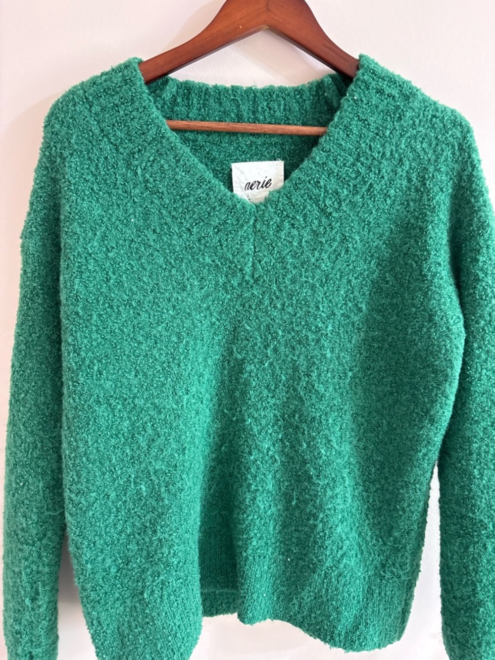 aerie Emerald Green V-Neck Bouclé Sweater